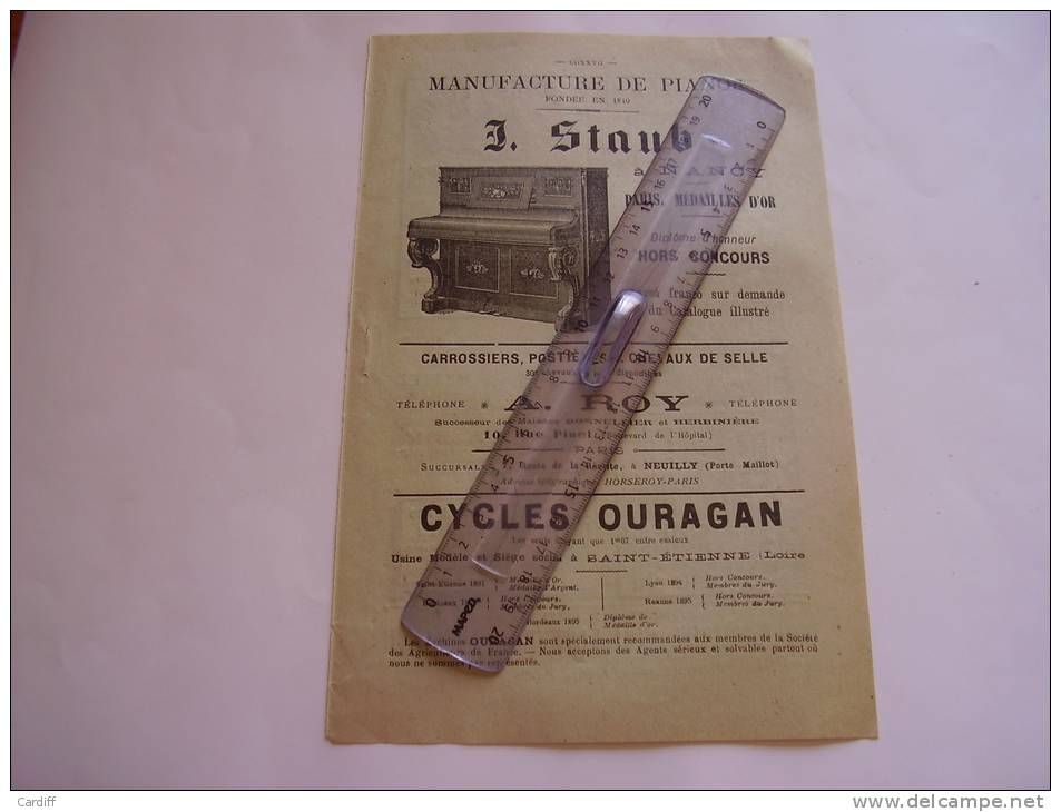 1896 Publicité : Piano STAUB à Nancy. Cycles Ouragan St Etienne. Onguent Méré à Chantilly. Pharmacie Sabatier à Nimes... - Other & Unclassified