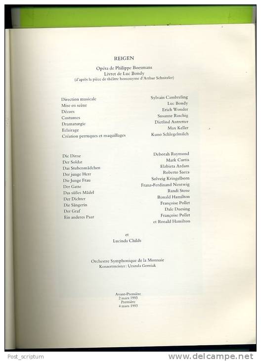 Livre - Musique -  " Reigen "- Opéra De Philippe Boesmans (inclut Livret De Luc Bondy) D´après Arthur Schnitzler - Musik
