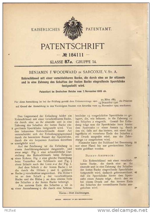 Original Patentschrift - B. Woodward In Sarcoxie , USA , 1905 , Rohrschlüssel , Werkzeug !!! - Ancient Tools