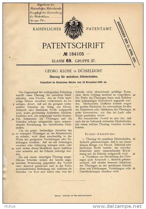 Original Patentschrift - Überzug Für Säbel , Messer , Scheide , 1905 , G. Klose In Düsseldorf  !!! - Blankwaffen