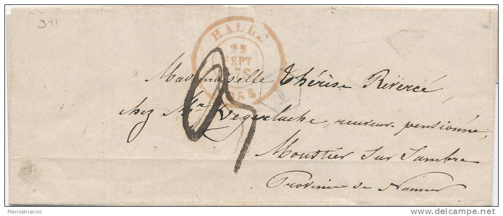 220/19 - Lettre Non Affranchie HALLE 1855 Vers MOUSTIER Sur SAMBRE - Boite Urbaine Y Origine HAL - Correo Rural