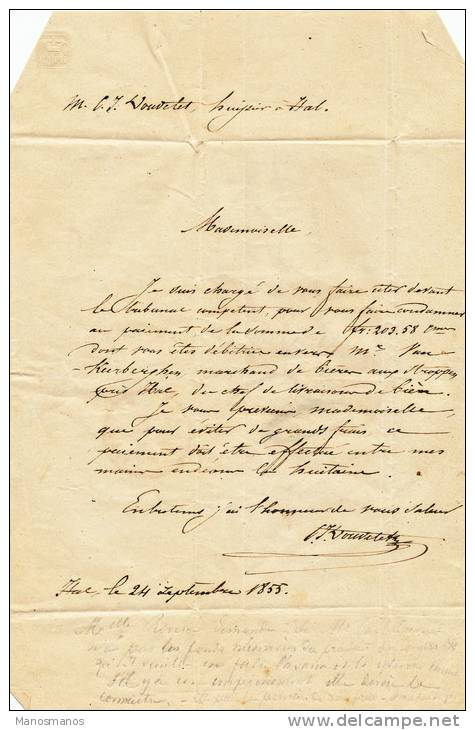 220/19 - Lettre Non Affranchie HALLE 1855 Vers MOUSTIER Sur SAMBRE - Boite Urbaine Y Origine HAL - Landelijks Post