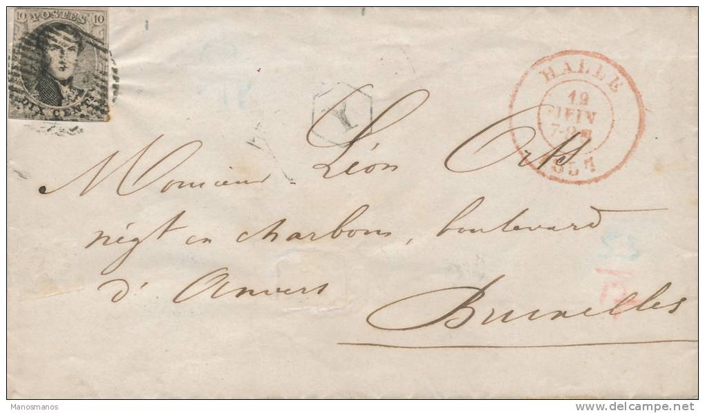 221/19 - Lettre TP Médaillon (touché) HALLE 1857 Vers Bruxelles - Boite Urbaine Y - Correo Rural