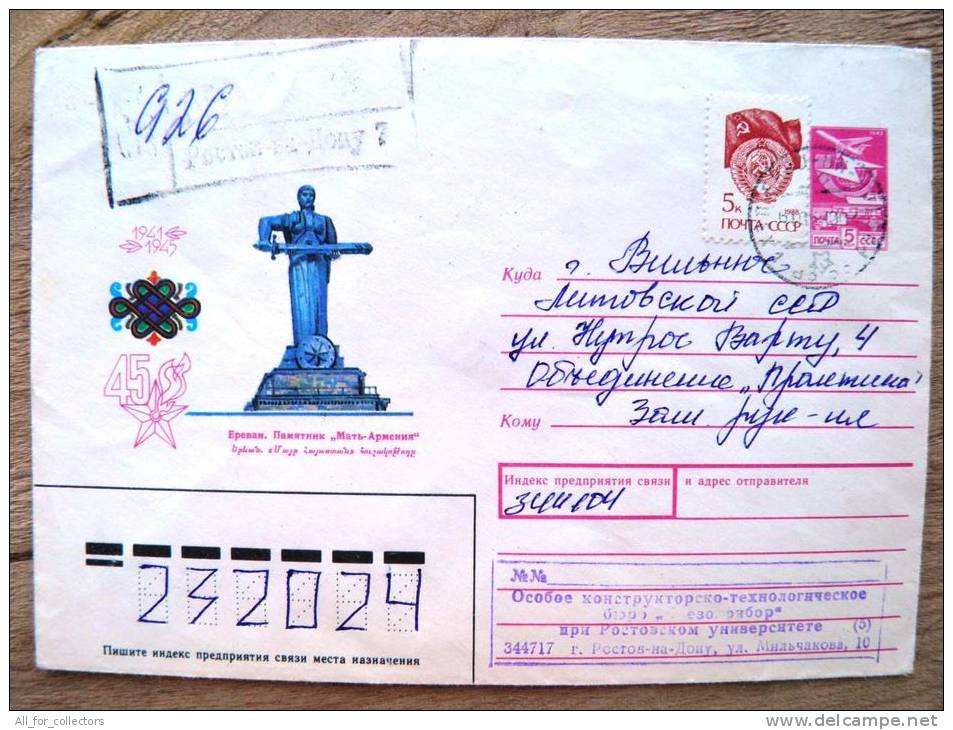Postal Used Cover Sent From Russia To Lithuania, USSR , Registered Yerevan Monument - Lettres & Documents