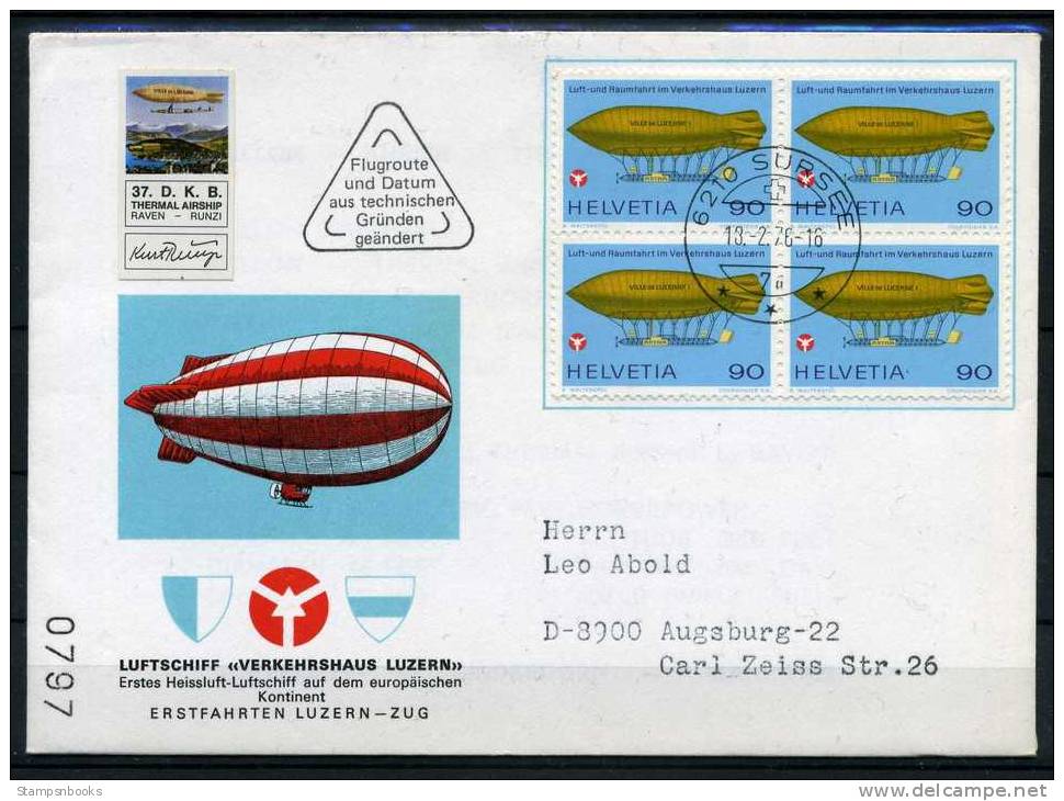 1976 Switzerland Sursee Charity Balloon Flight Thermal Airship Cover. DKB 36 - Autres & Non Classés