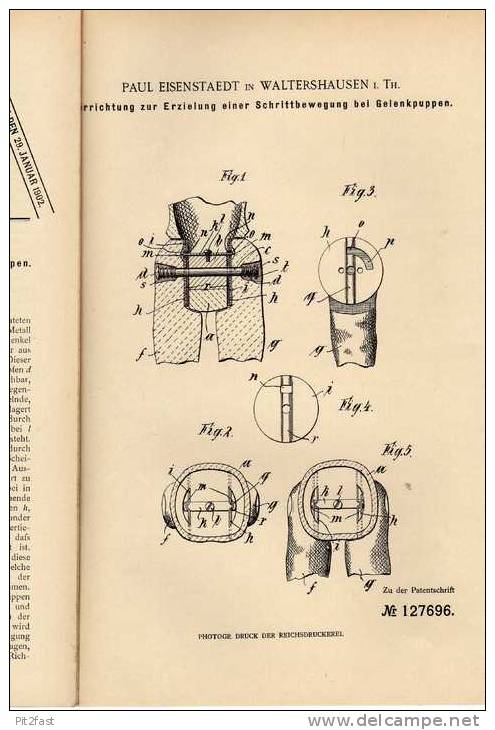 Original Patentschrift - P. Eisenstaedt In Waltershausen I. Th., 1901 , Gelenkpuppe , Puppe !!! - Puppen