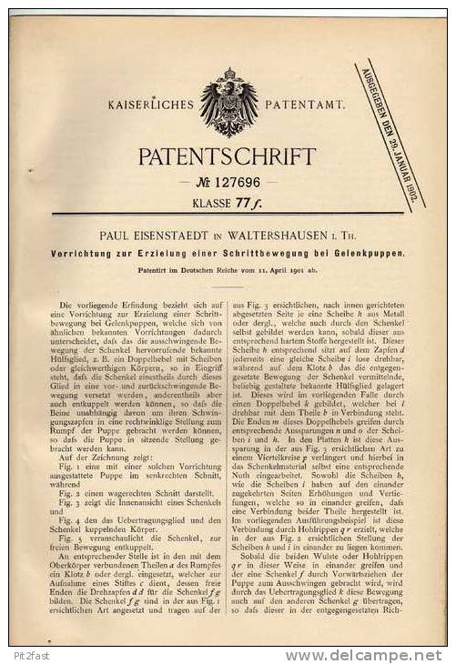 Original Patentschrift - P. Eisenstaedt In Waltershausen I. Th., 1901 , Gelenkpuppe , Puppe !!! - Puppen