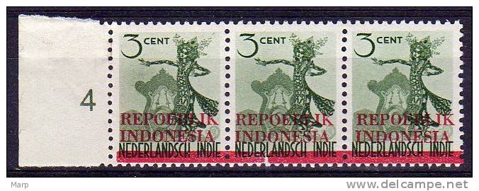 Indonesia Mnh 1945 Repoeblik Overprint ERROR Broken Red Line Strip Of 3 Stamps. - Indonesia