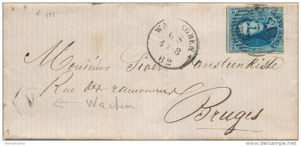 226/19 - Lettre TP Médaillon Barres WAEREGHEM 1862 Vers BRUGES - Boite Urbaine N Origine WACKEN - Signé Vanhulle - Landelijks Post