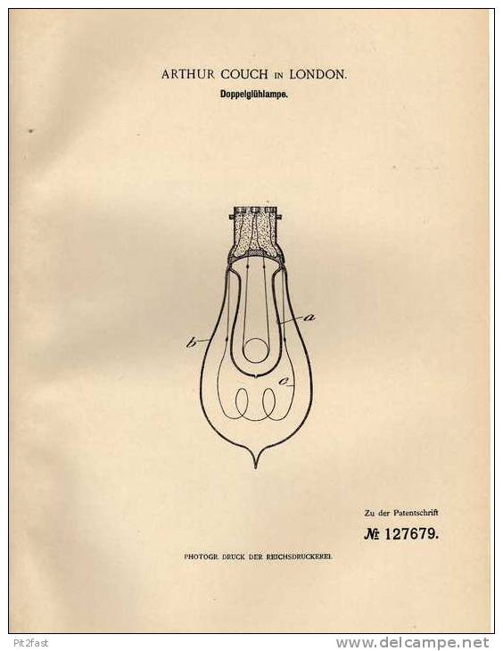 Original Patentschrift - A. Couch In London , 1900 , Doppelglühlampe , Dobble Lamp , Lampe !!! - Lighting & Lampshades