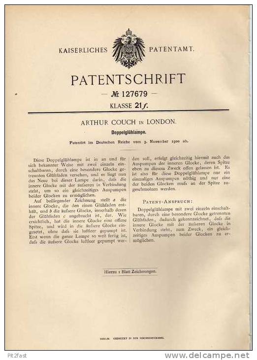 Original Patentschrift - A. Couch In London , 1900 , Doppelglühlampe , Dobble Lamp , Lampe !!! - Leuchten & Kronleuchter