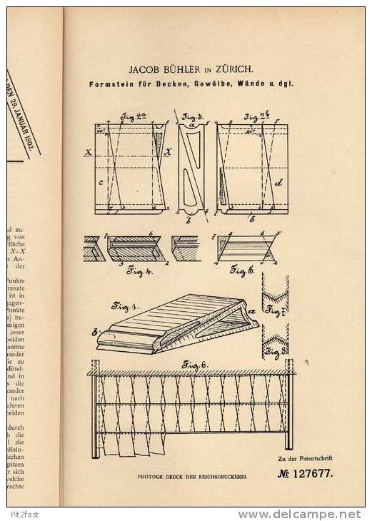 Original Patentschrift - J. Bühler In Zürich , 1900 , Formstein Für Gewölbe Und Decken , Bau , Maurer !!! - Architecture