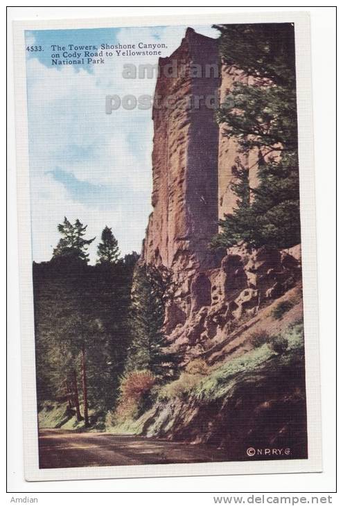 YELLOWSTONE PARK USA, TOWERS - SHOSHONE CANYON - CODY ROAD - Vintage Postcard 1930s-40s   [c2784] - USA National Parks