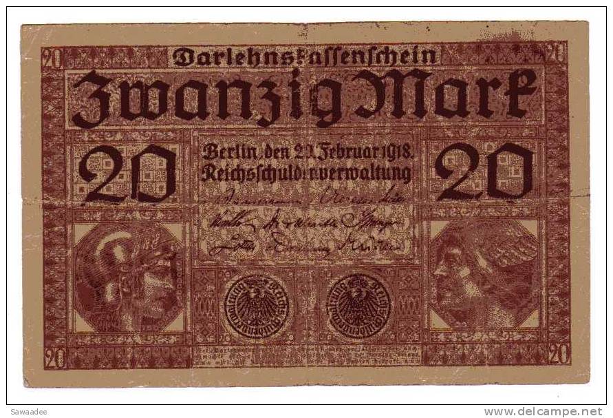 BILLET ALLEMAGNE - EMPIRE - P.57 - 20 MARK - 1918 - 20 Mark