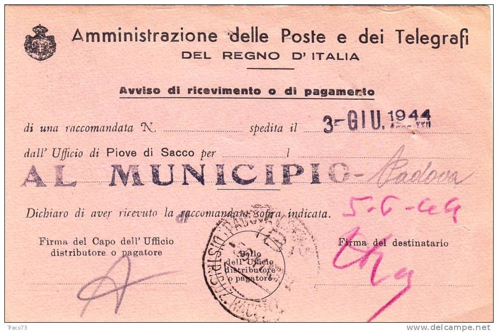 PADOVA  /  PIOVE DI SACCO - Card _Cartolina Avviso Di Ric. R.S.I. 5.6.1944 - Imperiale Cent. 50 Isolato - Marcophilie