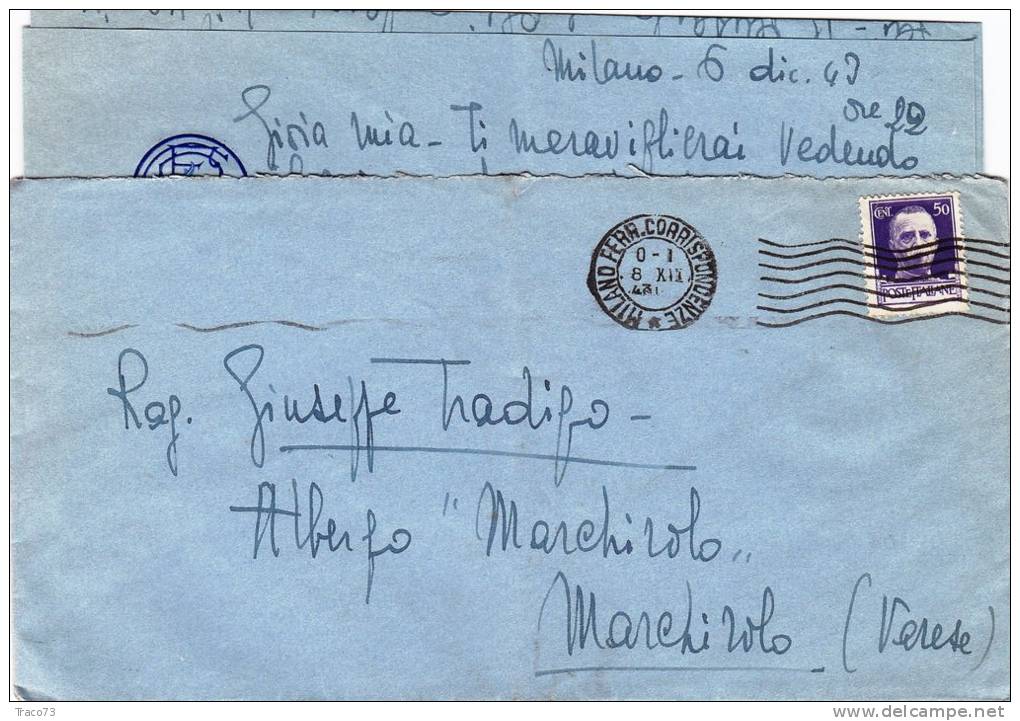 MILANO  /  MARCHIROLO - Cover_Lettera  R.S.I.  8.12.1943 - Imperiale Con Fasci Cent. 50 Isolato - Marcophilie