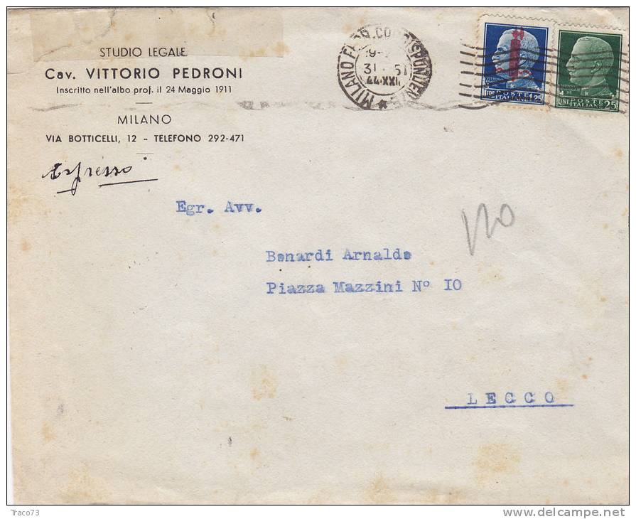 MILANO  /  LECCO - Cover_Lettera Pubbl. " Cav. Vittorio Pedroni " R.S.I. 31.5.1944 - Imper. Cent. 25 + 1,25 Lire - Marcophilia