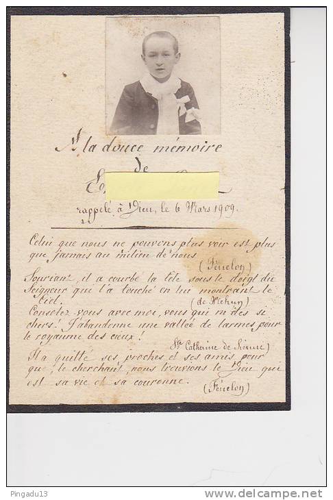 Peu Courant Faire-part Décès Enfant Manuscrit 6 Mars 1909 Photo Communiant Religion Croix Format 9 Par 13 Cm - Autres & Non Classés