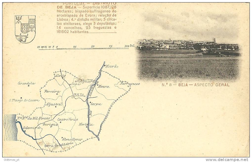 PORTUGAL - BEJA - MAPA DO DISTRITO, BRASÃO E VISTA GERAL - 1900 PC - Beja