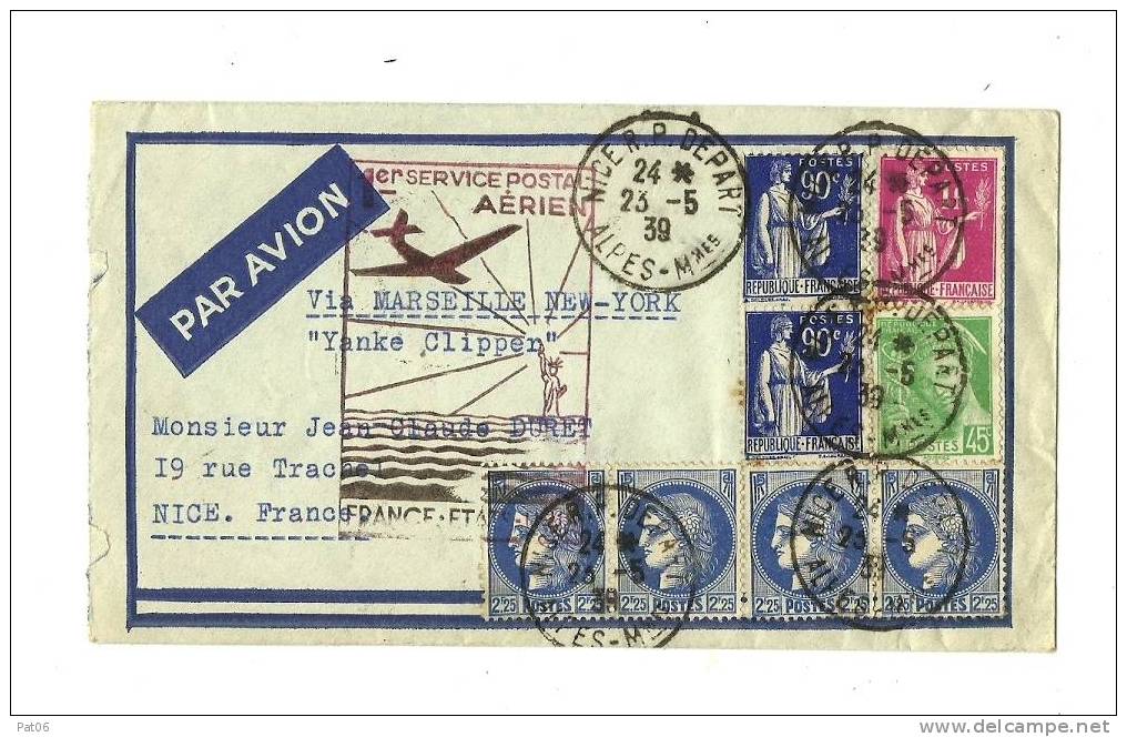 AEROGRAMME    Ligne FRANCE ? Etats-Unis    1er Service Postal Aérien - First Flight Covers