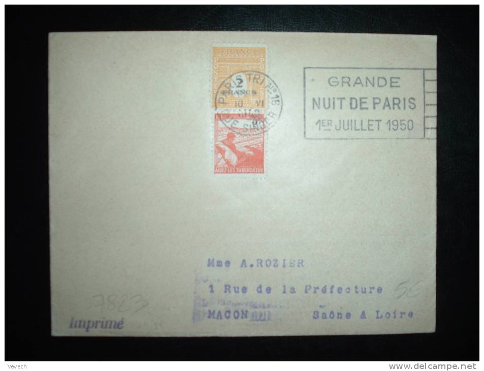 LETTRE TP ARC DE TRIOMPHE 2 F + TUBERCULEUX 3 F OBL.MEC. 10-VI-1950 PARIS TRI N°16 (75) - 1944-45 Arc De Triomphe