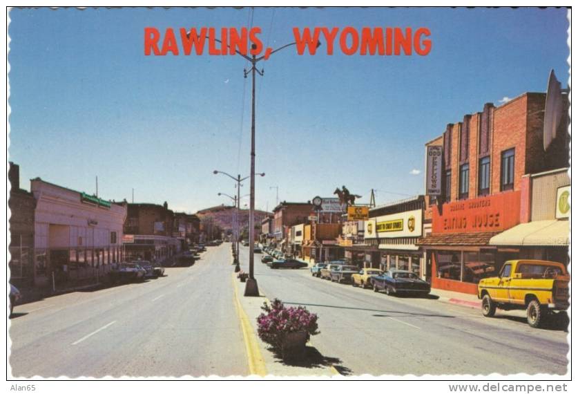 Rawlins WY Wyoming, Downtown Street Scene, Business Auto, C1970s/80s Vintage Postcard - Autres & Non Classés