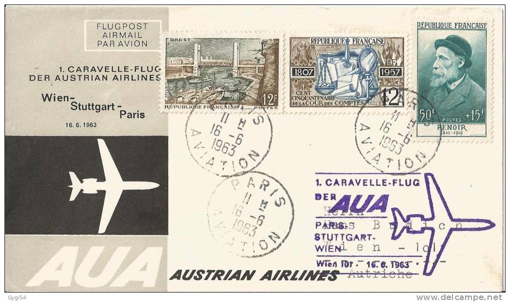 Caravelle Flug  Paris - Stuttgard - Wien  Austrian Airlines 16 06 1963 - First Flight Covers