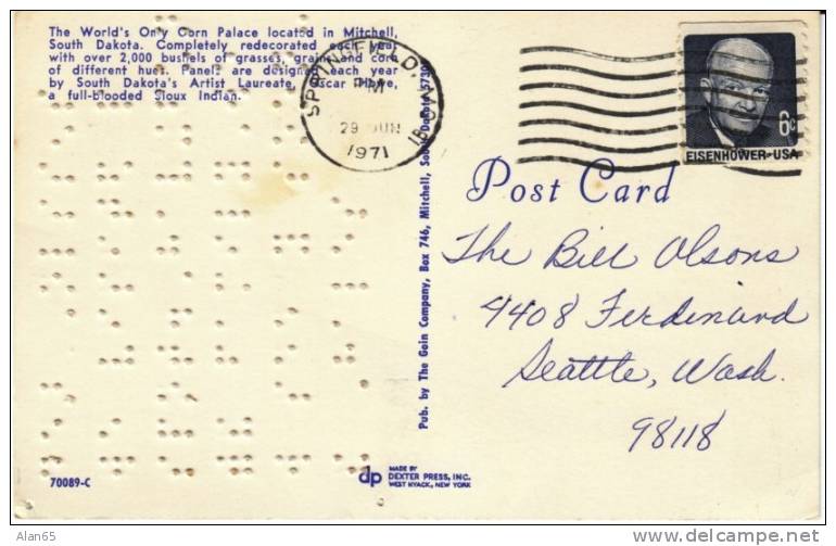 Braille Message Blind Language Writing Pressed Into Postcard, Mitchell SD Corn Palace View, C1960s/70s Vintage Postcard - Autres & Non Classés