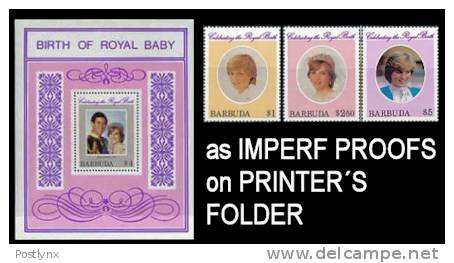 BARBUDA 1982 Diana Royal Baby. IMPERF. PROOFS:3 + PROOF Sheetlet Printer´s Folder   [prueba Druckprobe  épreuve Prova] - Famous Ladies