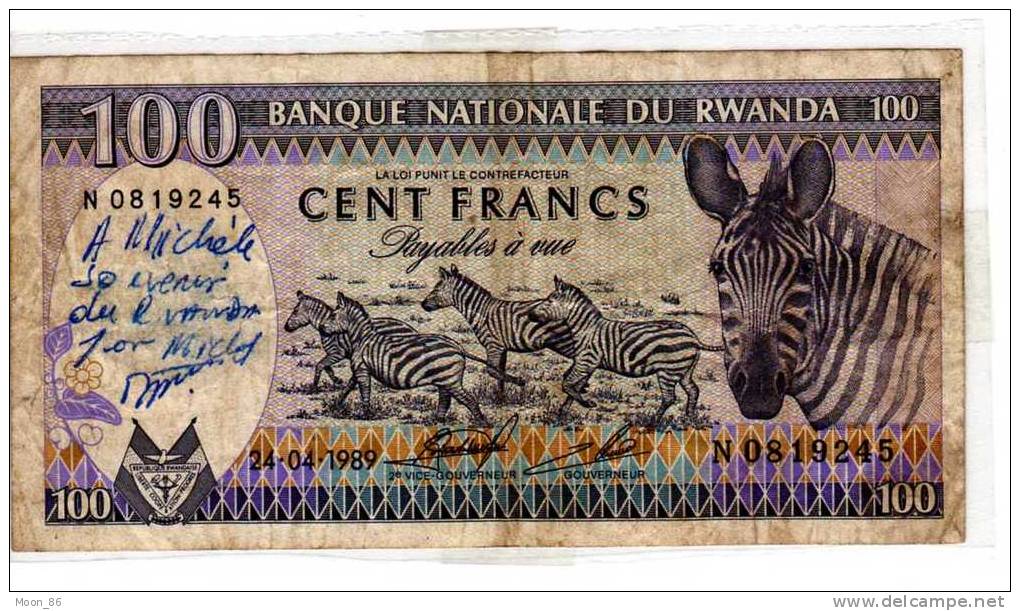 RWANDA-  100 FRANCS - 1942 - Banque Nationale Du RWANDA - 24-04-1989  Thème Afrique - ZEBRE - Rwanda
