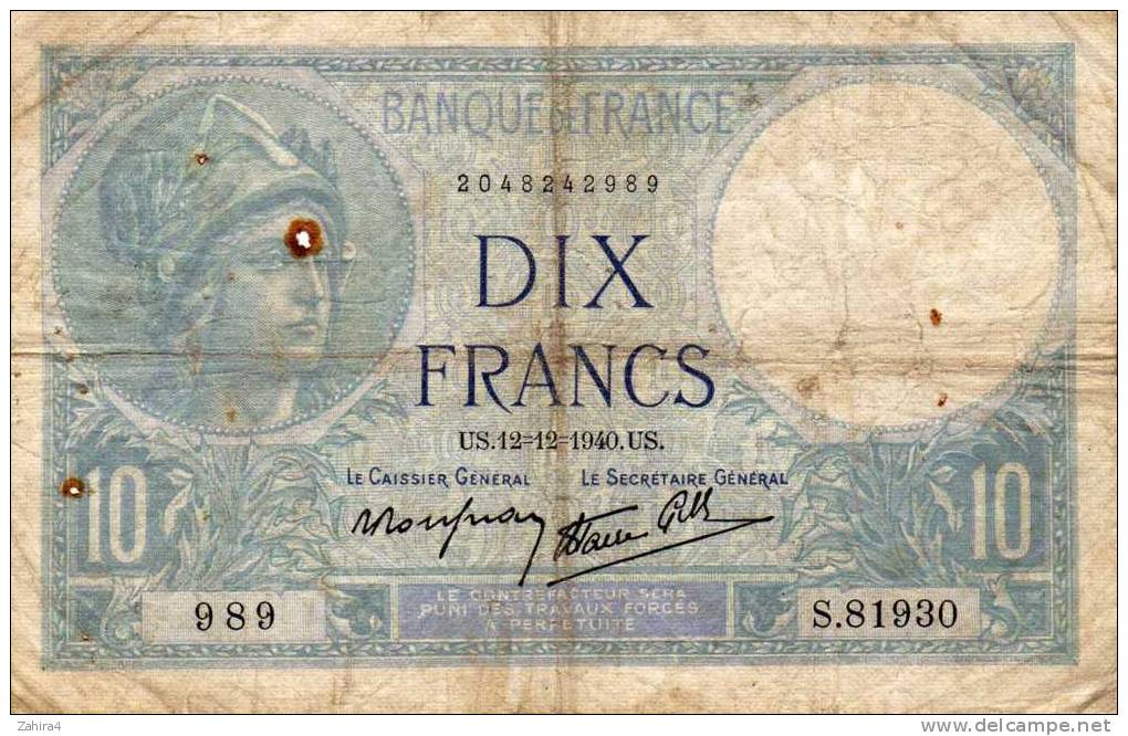 Banque De France - Dix Francs 1940 - 10 F 1916-1942 ''Minerve''