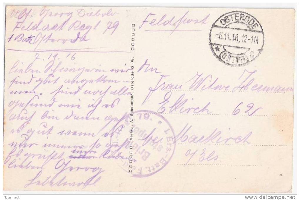 Osterode Artillerie Kaserne Feldpost 6.11.1916 FeldartillerieRegiment 79 Ostroda - Ostpreussen