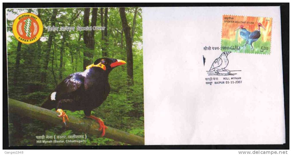 India 2007  HILL MYNAH  BIRDS Special Cover # 37218 Indien Inde - Other & Unclassified