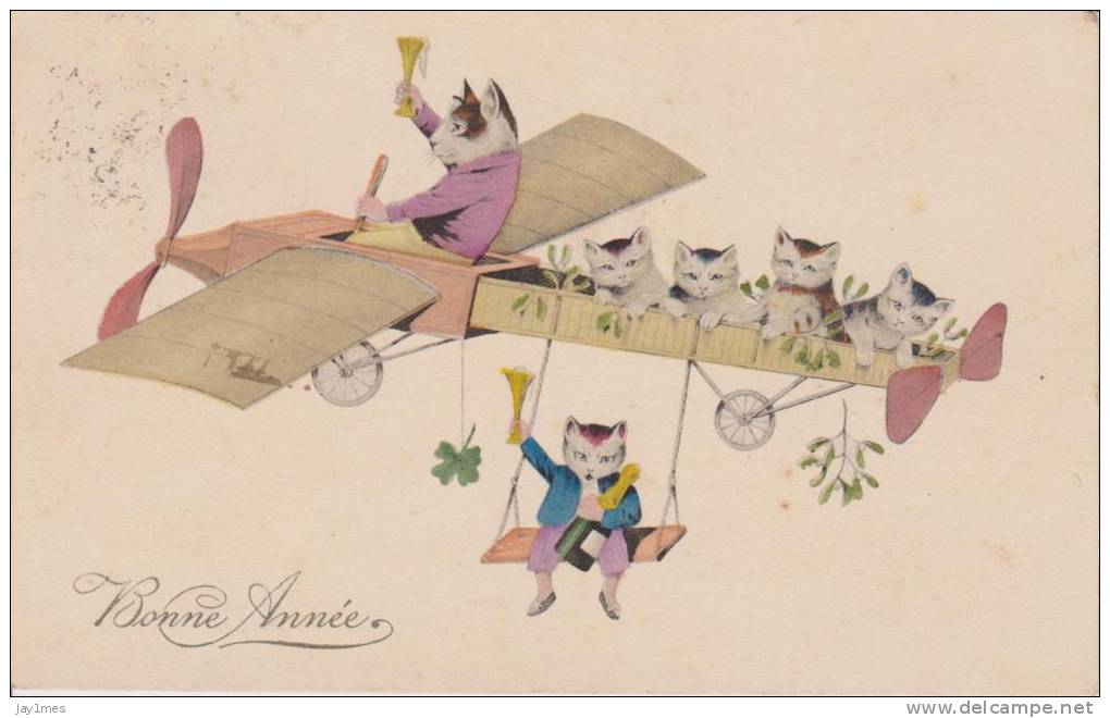 Cpa-fantaisie--vintage-postcard-illustrateur-chat-cat-avion - 1900-1949