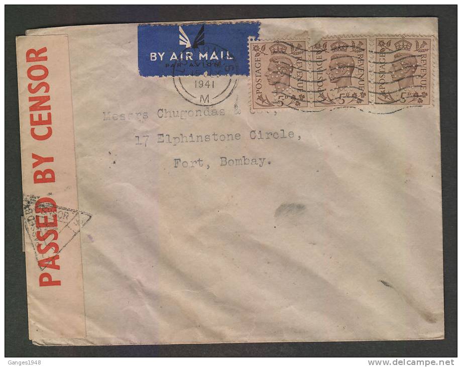 Great Britain   1941  Perfined Stamps AM Censored Cover To India # 37891 - Briefe U. Dokumente