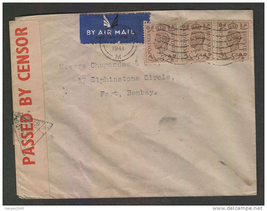 Great Britain   1941  Perfined Stamps AM Censored Cover To India # 37891 - Covers & Documents