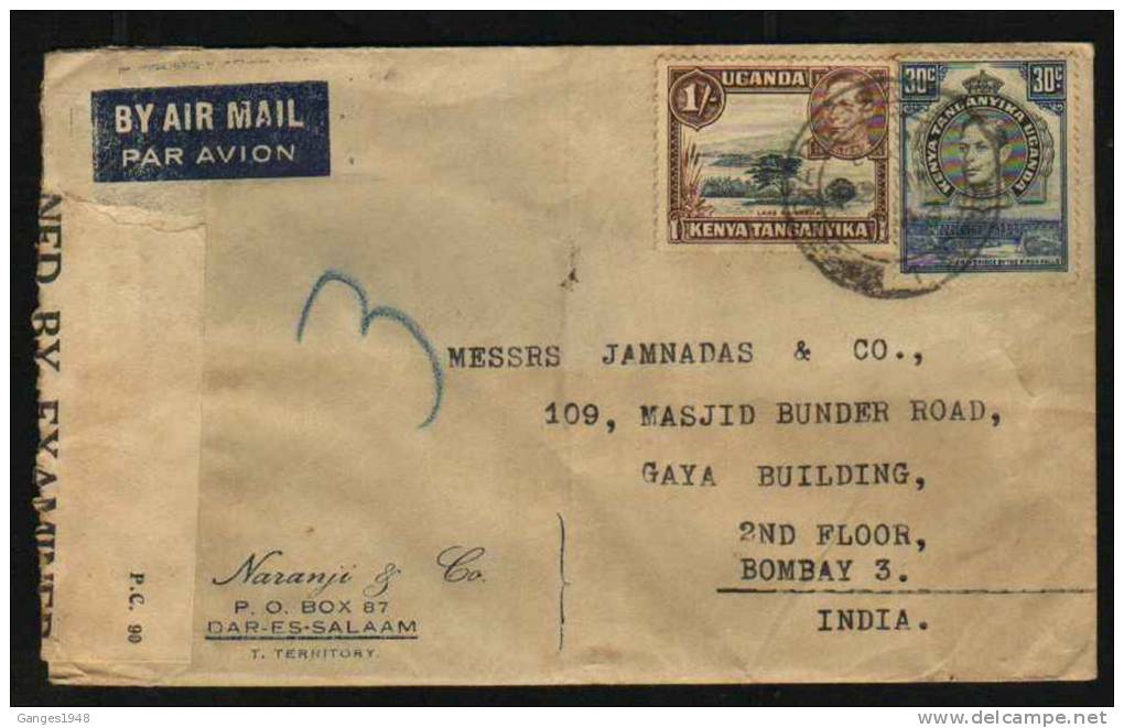 Tanganyika 1945  R / 15  Examiners Tape AM Censored Cover To India # 36090 - Kenya, Ouganda & Tanganyika