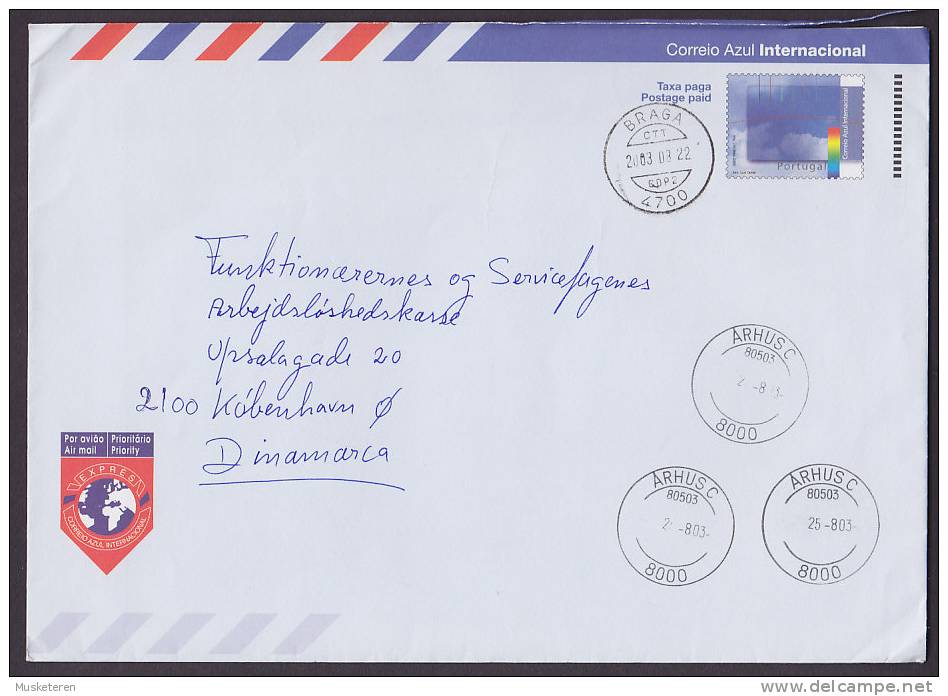 Portugal EXPRÉS Airmail Par Avion Postal Stationery Ganzsache Entier BRAGA 2003 Cover To AARHUS Denmark - Lettres & Documents