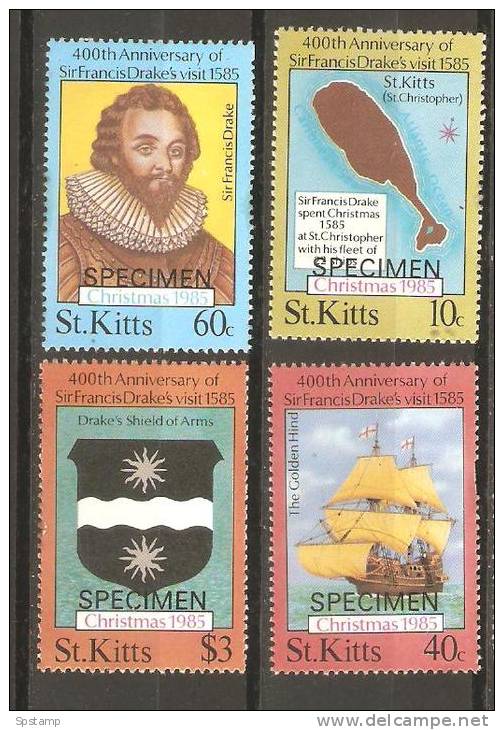 Saint Kitts 1985 Francis Drake Set 4 MNH Overprint Specimen - St.Kitts And Nevis ( 1983-...)