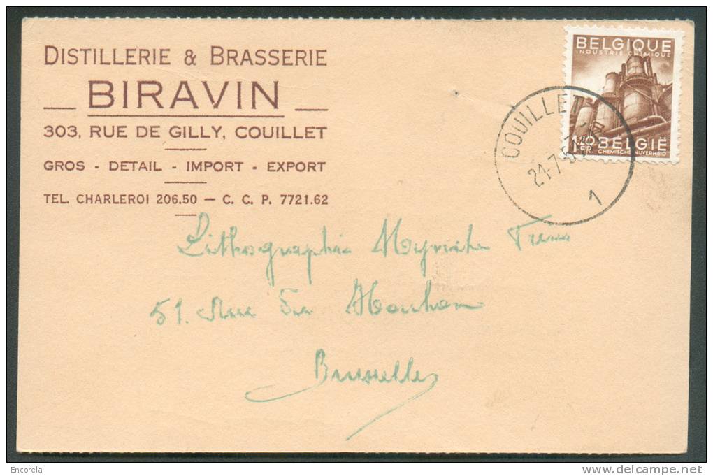 Belgique N°767- 1Fr20 Industrie Obl. Sc COUILLET S/Carte à En-tête DISTILLERIE & BRASSERIE BIRAVIN, 303 Rue De Gilly 21- - Birre