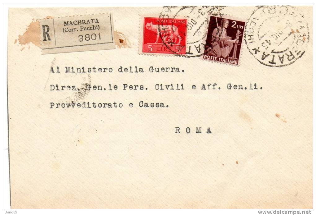 1945 LETTERA RACC. CON ANNULLO MACERATA - Marcophilia