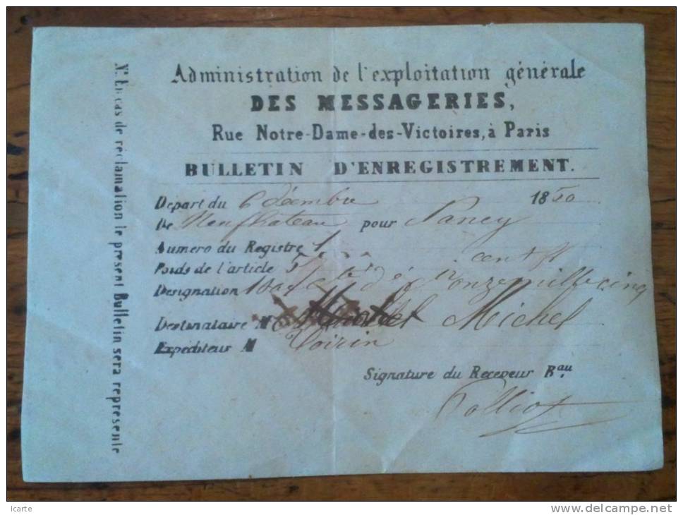 1856 Bulletin D'enregistrement Messageries Paris De Neufchateau Pour Nancy - Covers & Documents