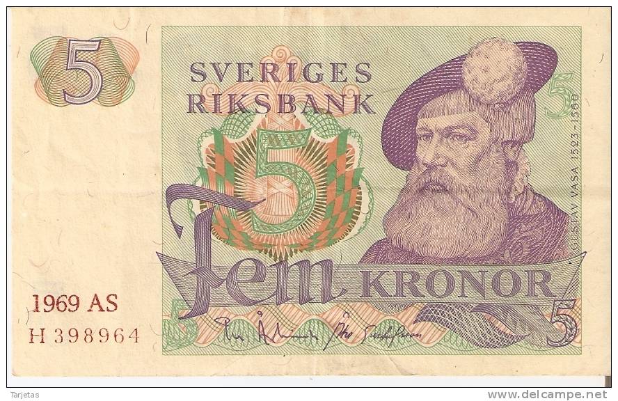 BILLETE DE SUECIA DE 5 CORONAS DEL AÑO 1969 CALIDAD MBC  (BANKNOTE) - Svezia