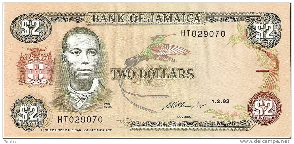 BILLETE DE JAMAICA DE 2 DOLLARS DEL AÑO 1993    (BANKNOTE) - Jamaica