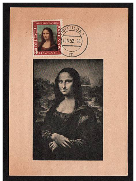 C559 Germany 1952 Postcard  ( Mona Lisa ) Stamp  (Sc# 687 ) Postmark Fulda - Covers & Documents