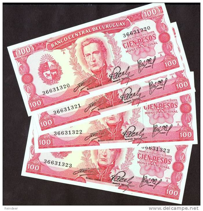 ® URUGUAY 1967: 4 Billetes $100 Correlativos Unc - Uruguay