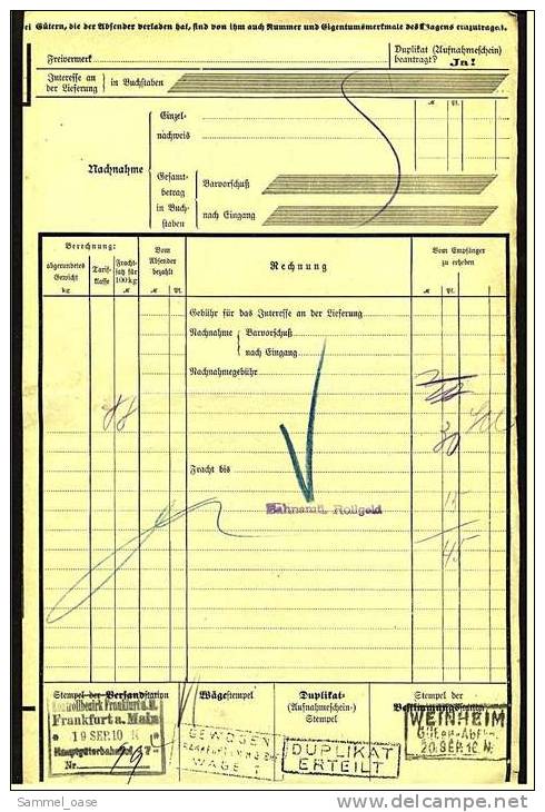 1910 Frachtbrief   -   26 Kilo Sack Kaffee Von Frankfurt / Main  Nach  Weinheim / Bergstraße - Sonstige & Ohne Zuordnung