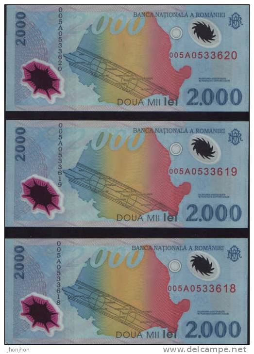 Romania-1999-Three Consecutive Banknotes Series Eclipse (polymer) 2000 Lei-UNC - Romania