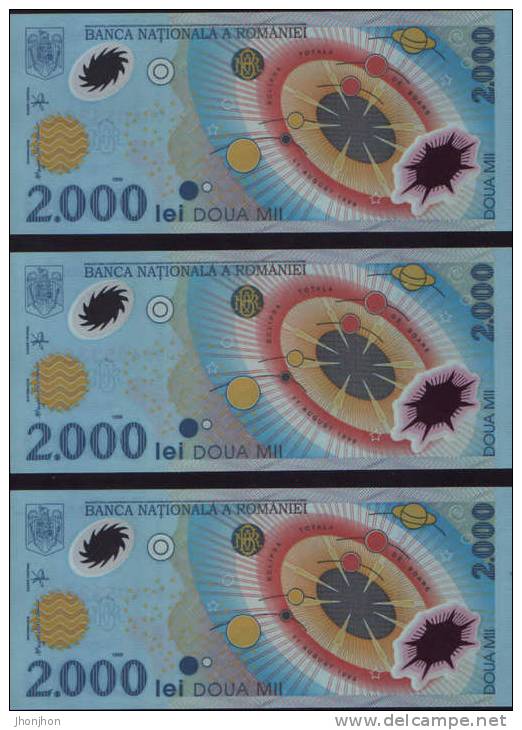 Romania-1999-Three Consecutive Banknotes Series Eclipse (polymer) 2000 Lei-UNC - Rumänien