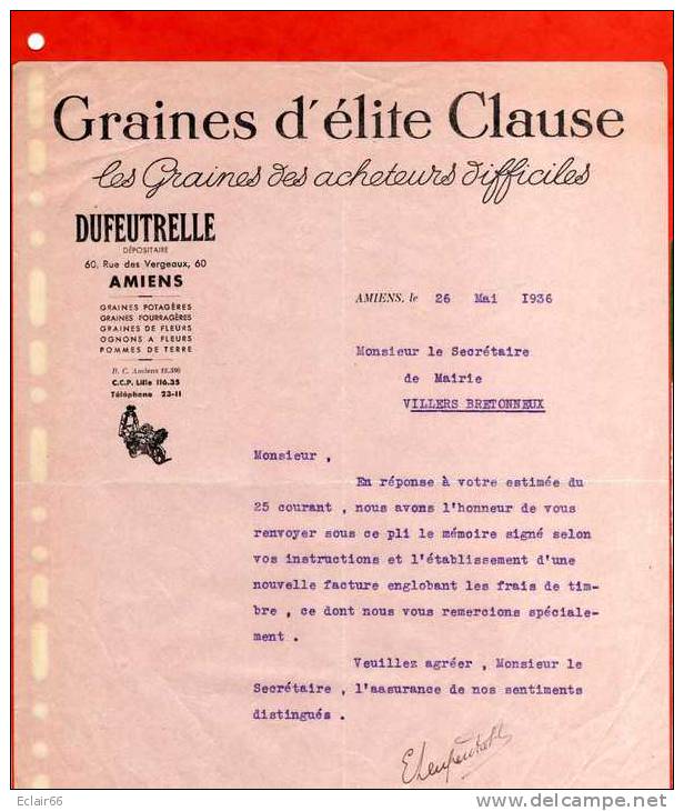 GRAINES D'ELITE CLAUSE  Document Année 1936  Venant  Du Dépositaire DUFEUTRELLE  Rue Des Vergeaux AMIENS X - Agriculture